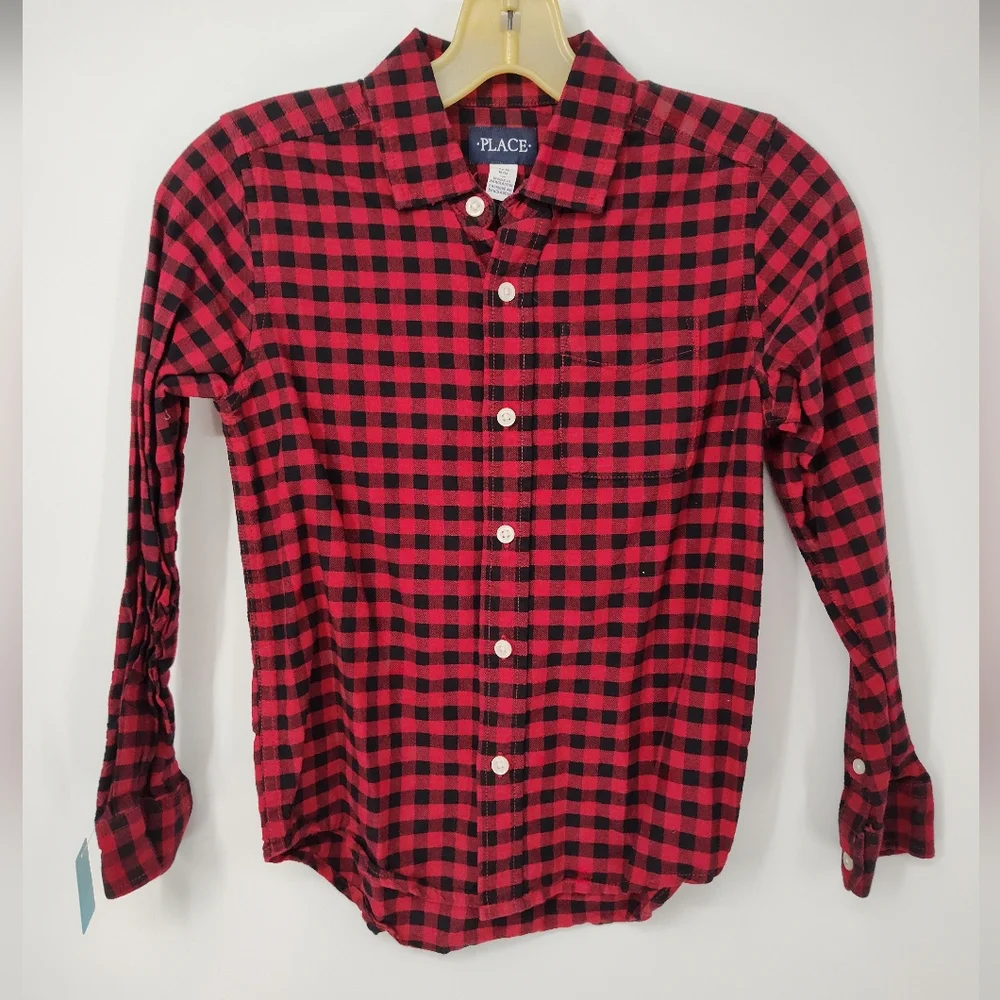 The Children's Place Red and Black Plaid Button-Down Shirt Size Kids M, 7/8